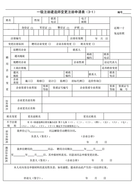 一級建造師證書注冊變更申請表