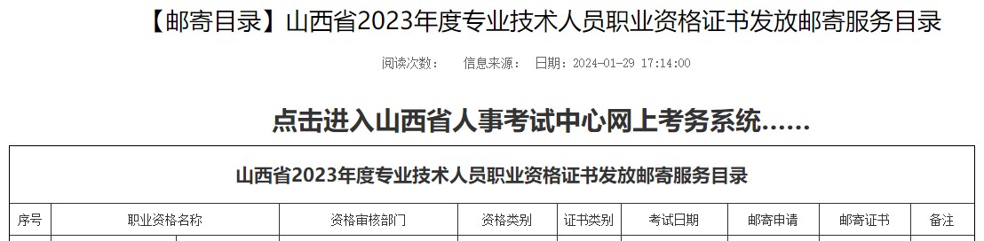 山西省2023年度專(zhuān)業(yè)技術(shù)人員職業(yè)資格證書(shū)發(fā)放郵寄服務(wù)目錄